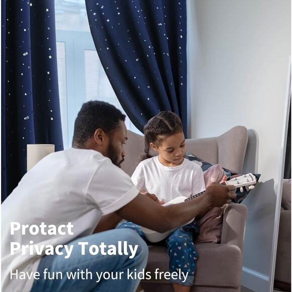 Kids Blackout Curtains Set 52x63 Navy Blue Silver Stars Insulated Darkening New - Picture 4 of 9